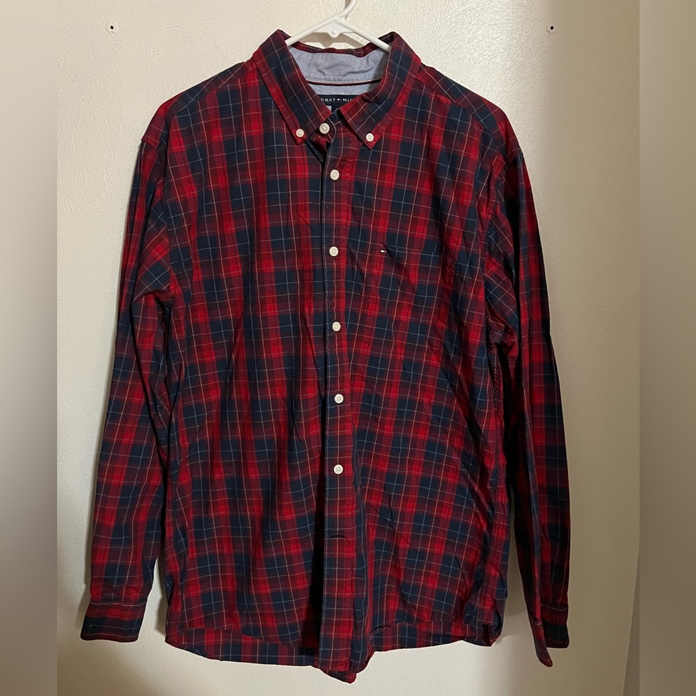 TOMMY HILFIGER Classic Fit Casual Plaid Button Down Shirt Red‎ Navy Men's Size L